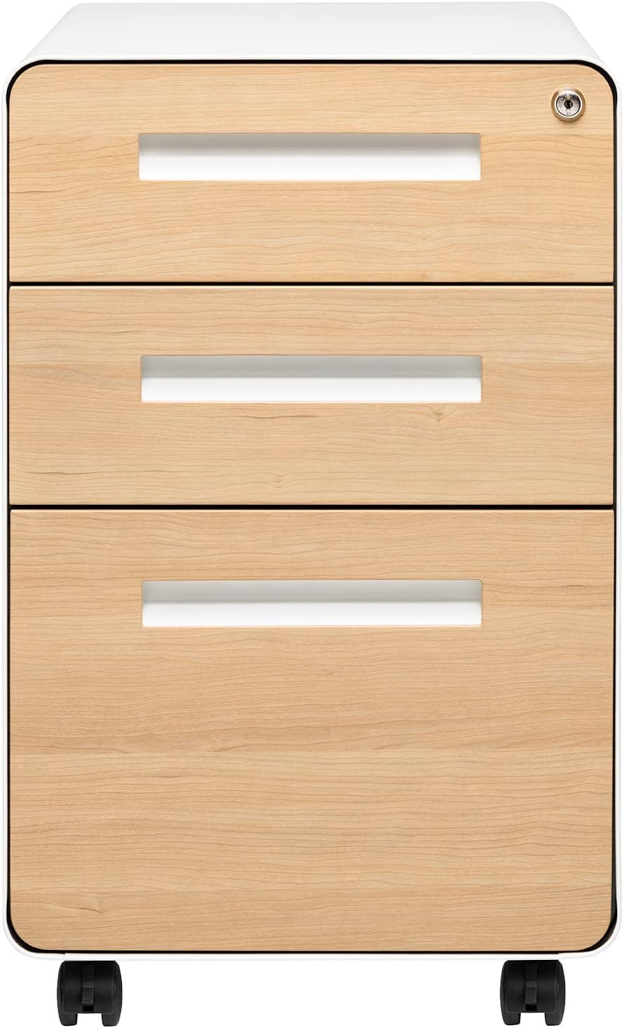 Laura Davidson Furniture Stockpile 3 Drawer File Cabinet with Lock - Under Office Desk Metal Filing Cabinet, Legal/Letter File Folders, Wheels and Stationary Feet, Pre-Assembled, White/Wood