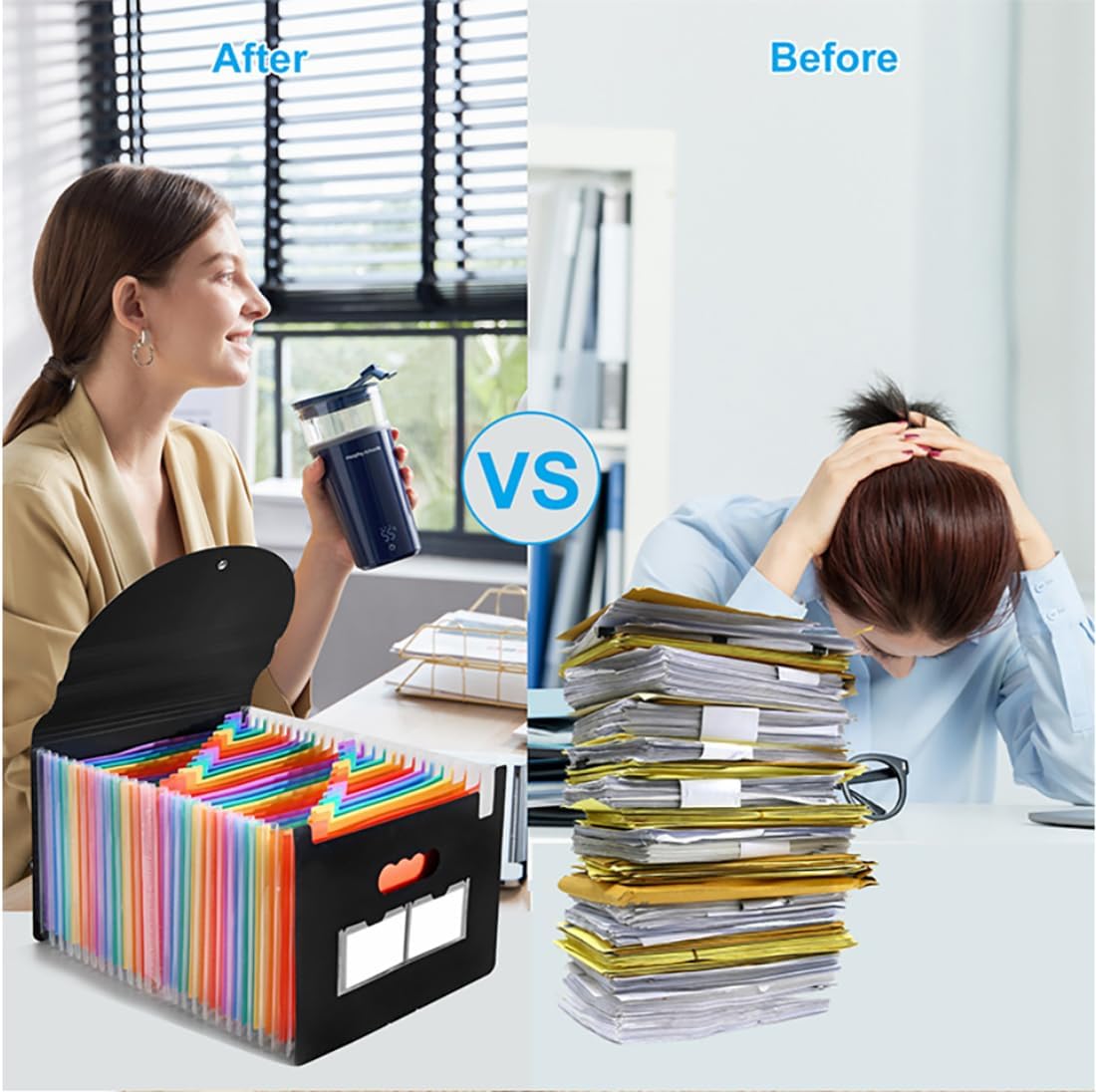 25 Pockets Accordion File Organizer 2 Packs Desktop Expanding File Folders with Colorful tabs for Paper Receipts, Bills&Taxes Organizer, Letter/A4 Size Document Holder for School, Office, Home