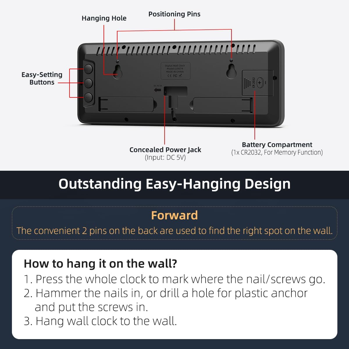 LED Digital Wall Clock with Large Display, Big Digits, Auto-Brightness, 12/24Hr Format, Modern Electric Small Silent Wall Clock for Living Room, Bedroom, Classroom, Farmhouse, Kitchen, Office - Red