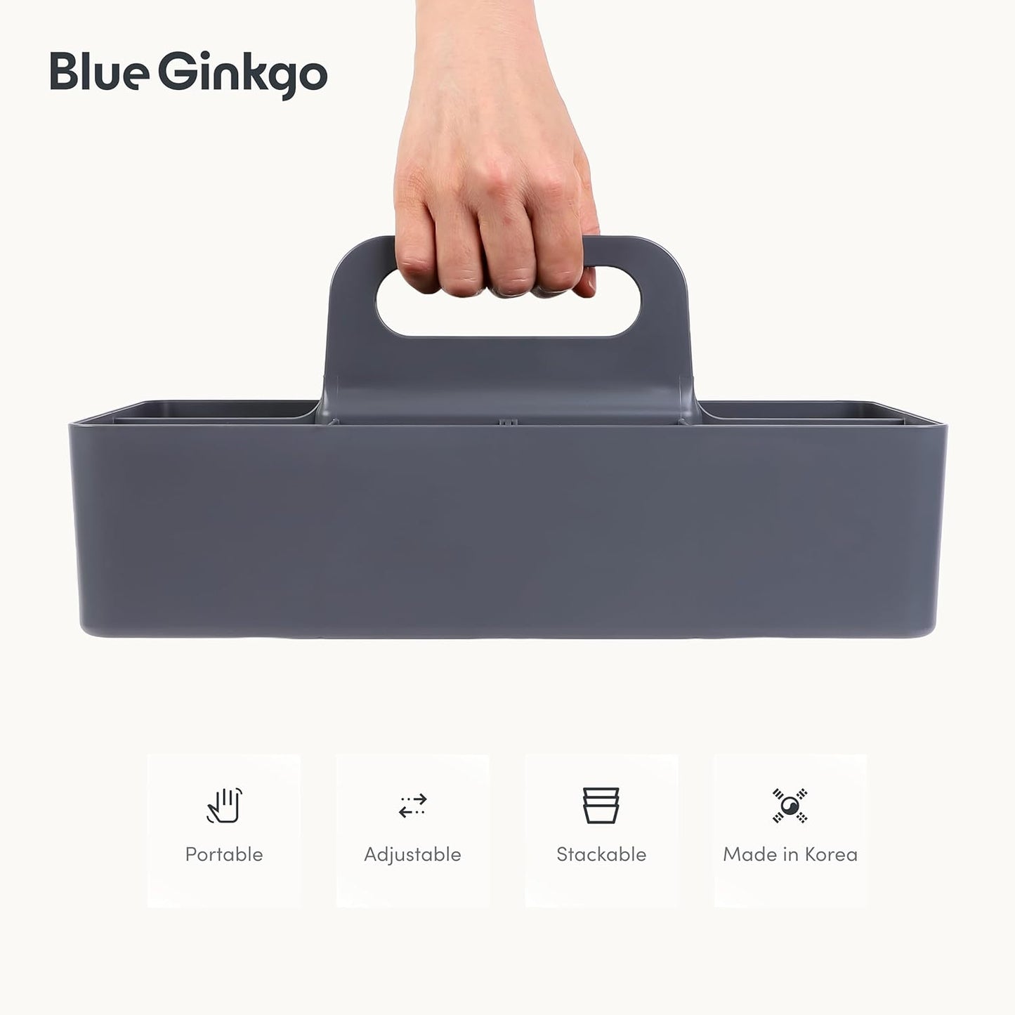 BLUE GINKGO Stackable Organizer Caddy – Korean-Made Portable Tote for Bathroom, Office, Crafts, or School Supplies (Long Rectangle, Gray)