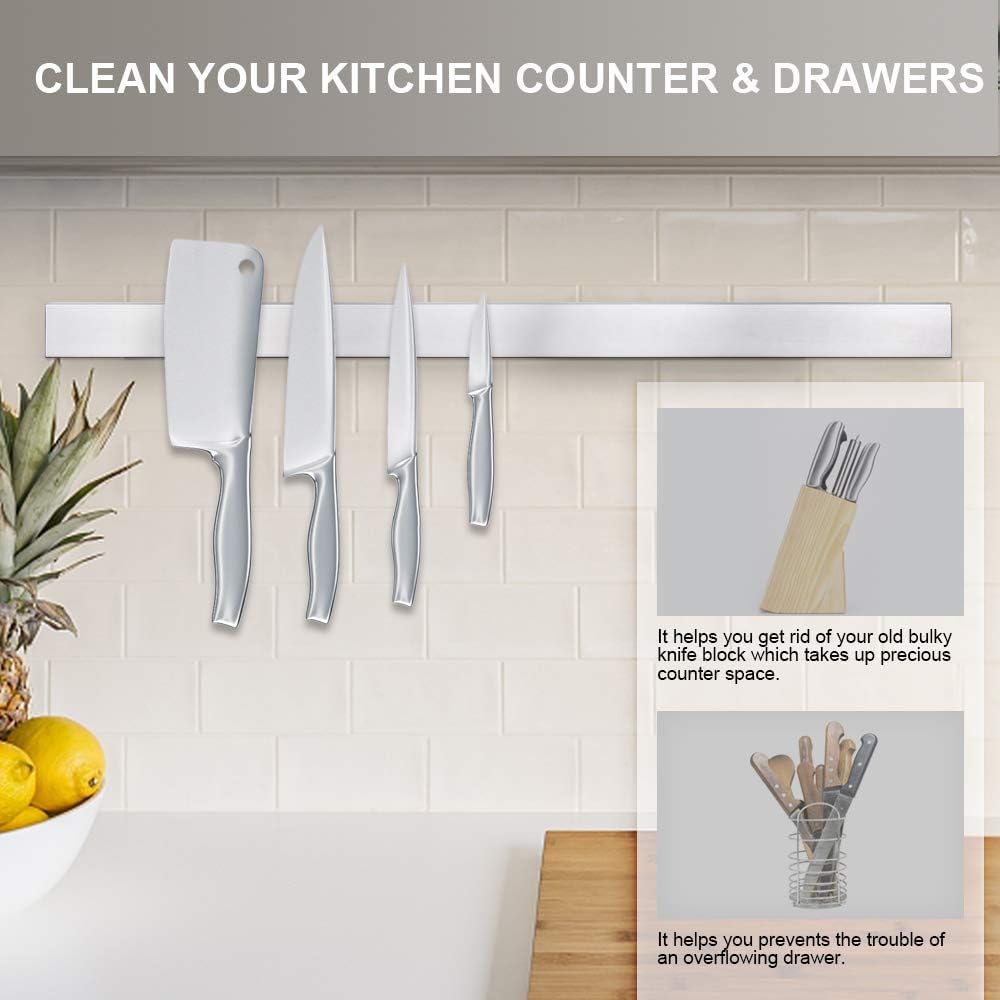 24 Inch Magnetic Knife Strip, Premium Stainless Steel Wall Mounted Kitchen Knives Bar,Space-Saving Powerful No Drilling Magnetic Knife Rack for Home Kitchen Utensil Holder & Tool Holder