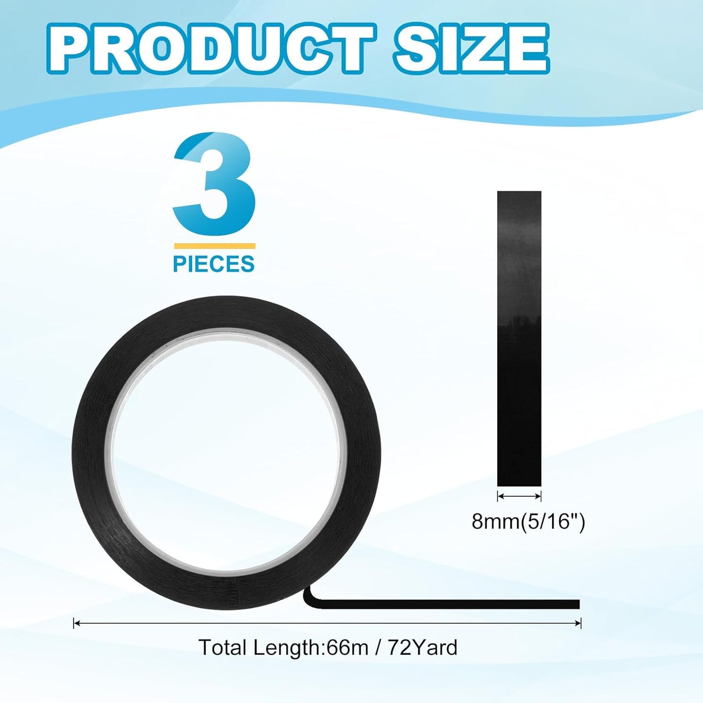 MECCANIXITY Whiteboard Tape 5/16" x 72 Yard Pinstripe Graphic Chart Line Grid Marking Tapes for Classroom Office Dry Erase Board Art, Black, Pack of 3