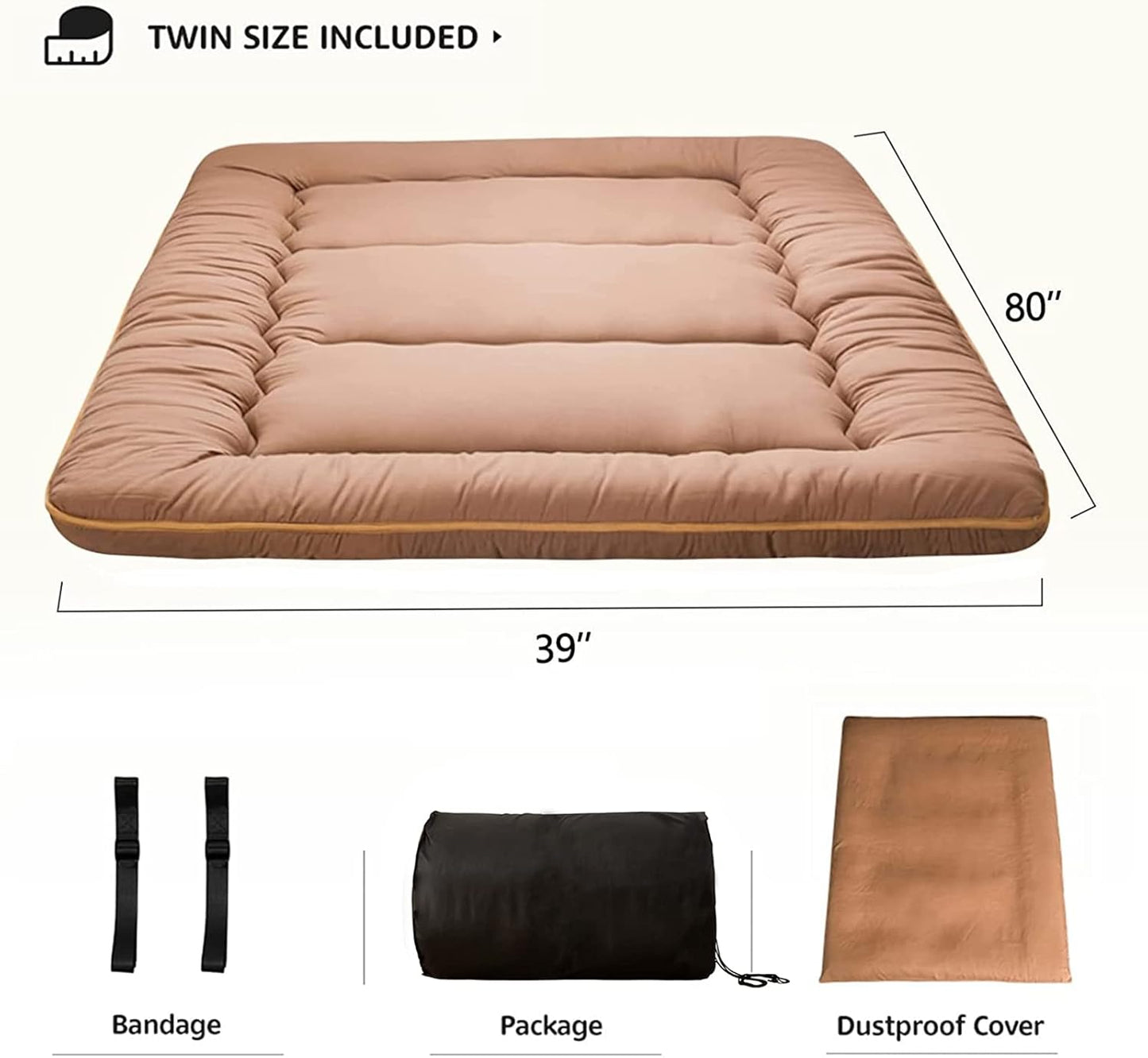 MAXYOYO Japanese Floor Mattress Futon Mattress, Thicken Tatami Mat Sleeping Pad Foldable Roll Up Mattress Guest Mattress Pad Kids Floor Lounger Bed, Light Brown, Twin