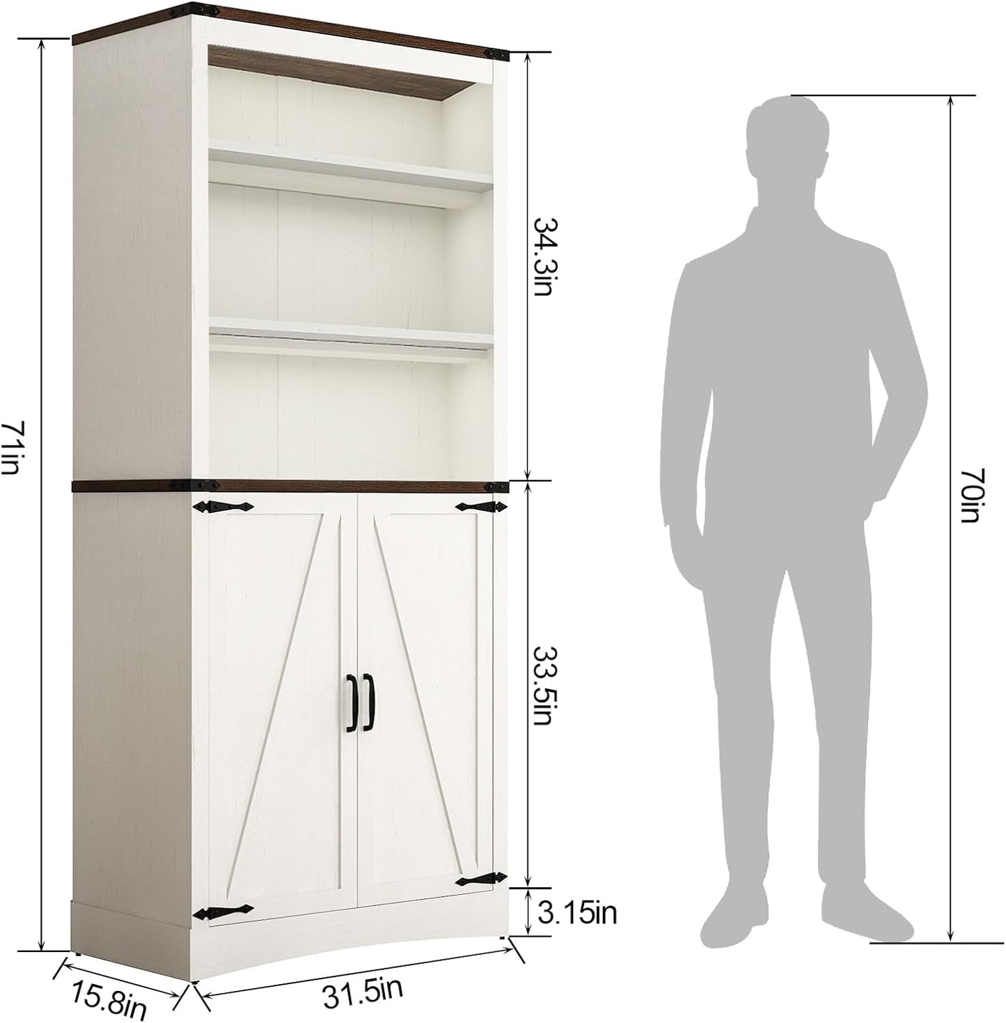 71in Farmhouse Kitchen Pantry Cabinet,Tall Storage Cabinet with 2 Doors and Adjustable shelves,with Load-Bearing Steel Pipe,Wood Storage Cabinets for Kitchen,Dining Room,Bathroom(White)
