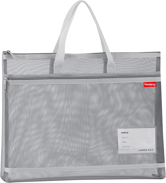 Pendancy Mesh Zipper Pouch A4 Size, Large Double Pocket Lightweight Nylon Transparent File Bag with Handle, 11x13.8 in Foldable Document Storage for Puzzle Project/Cross Stitch/Travel/Office (Gray)
