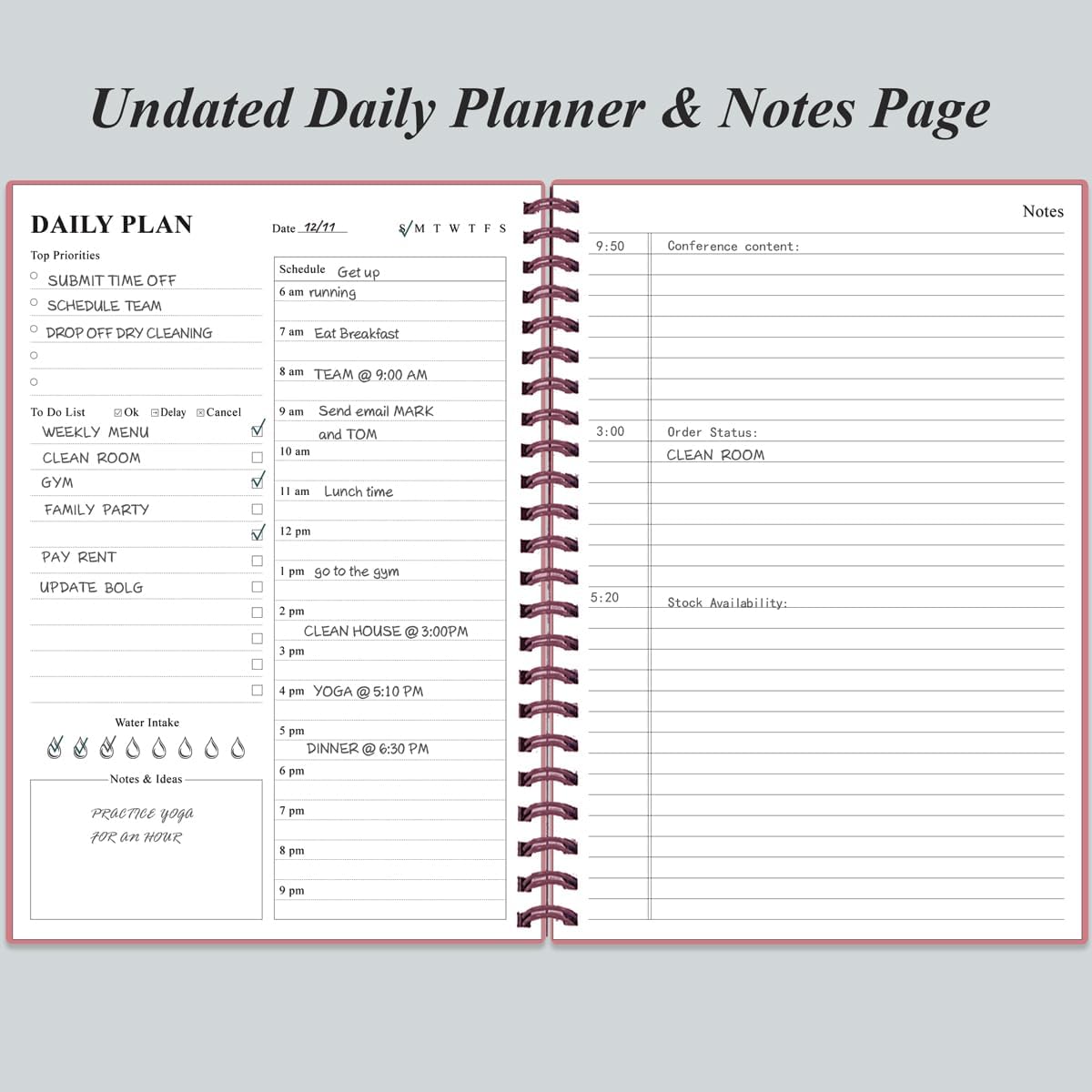 Daily Planner Undated - B5 To Do List Notebook Hourly Schedules, Spiral Appointment Planner for Women and Men, PVC Hardcover, Inner Pocket, Elastic Closure, 7" x 10", Pink
