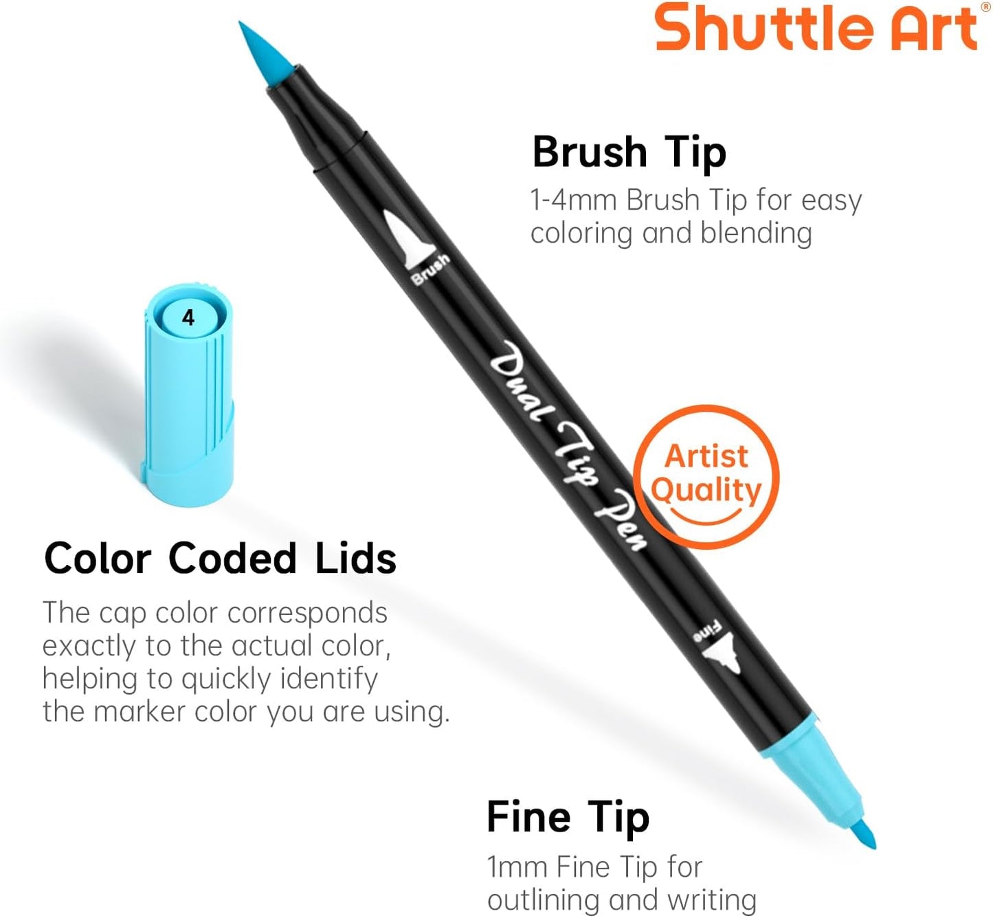 Shuttle Art Pastel Brush Pens, 56 Pastel Colouring Pens, Dual Tip Brush Markers with Fineliner Tip, Drawing Felt Tip Pens for Adults Colouring Books, Painting Sketching Calligraphy and Journaling