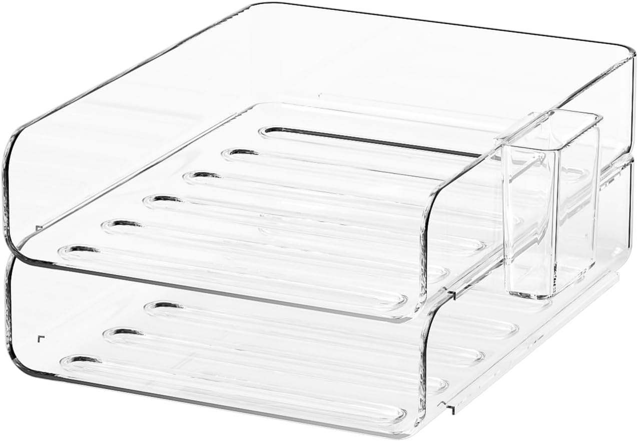 2-Tier Acrylic Paper Tray Organizer with Pen Holder | Clear Stackable Desk Organizer for Documents, Letters, A4 Paper | Modern Office/Classroom/Home Organization