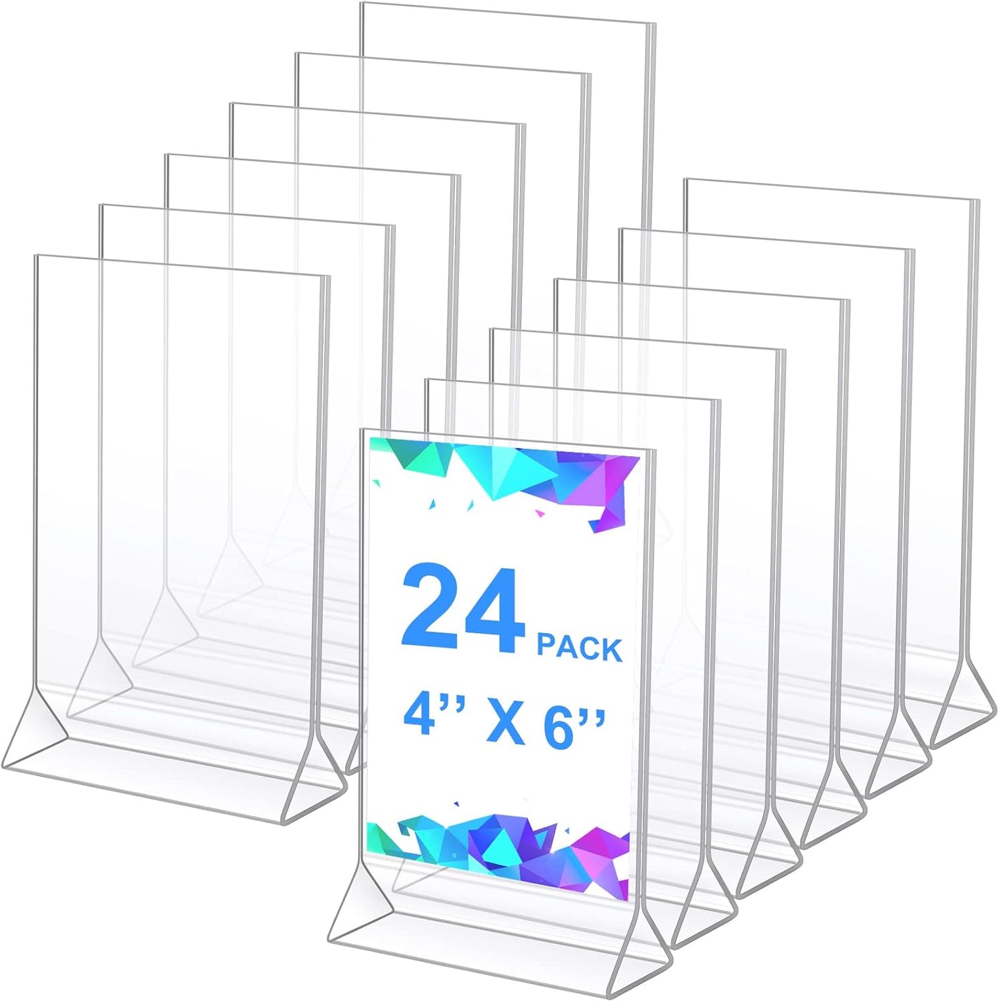 24 Pack Acrylic Sign Holder, Plastic Clear Table Display Holder Double Sided Menu Display Stands T Shaped Card Picture Frames for Office, Weddings, Meetings, Hotels, Restaurants (4 x 6 Inches)