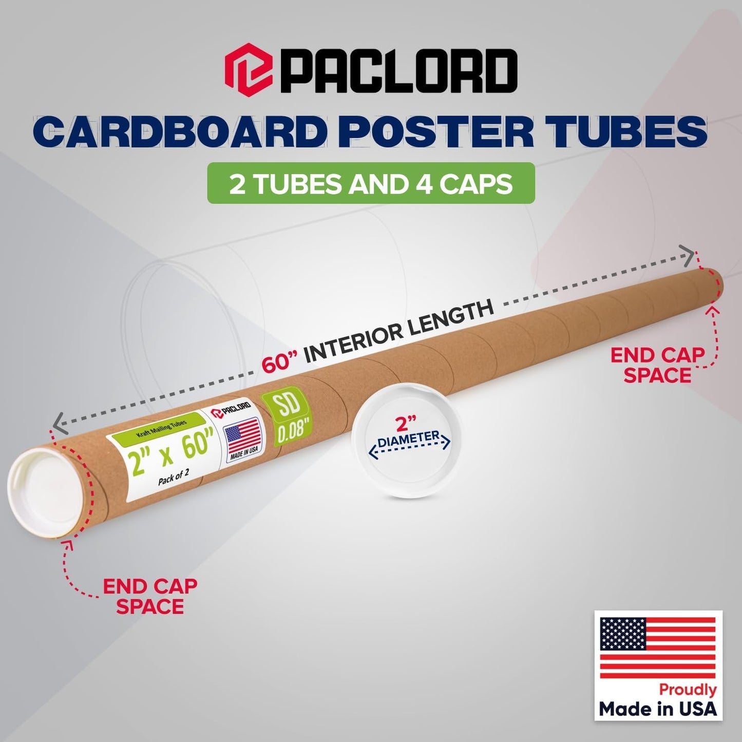 2" x 60" Reinforced Kraft Paper Mailing Tube, Pack of 2 Tubes with 4 Caps – Secure USPS Approved Poster Tube – Cardboard Tube for Shipping and Storing Posters, Prints, Artwork, or Documents