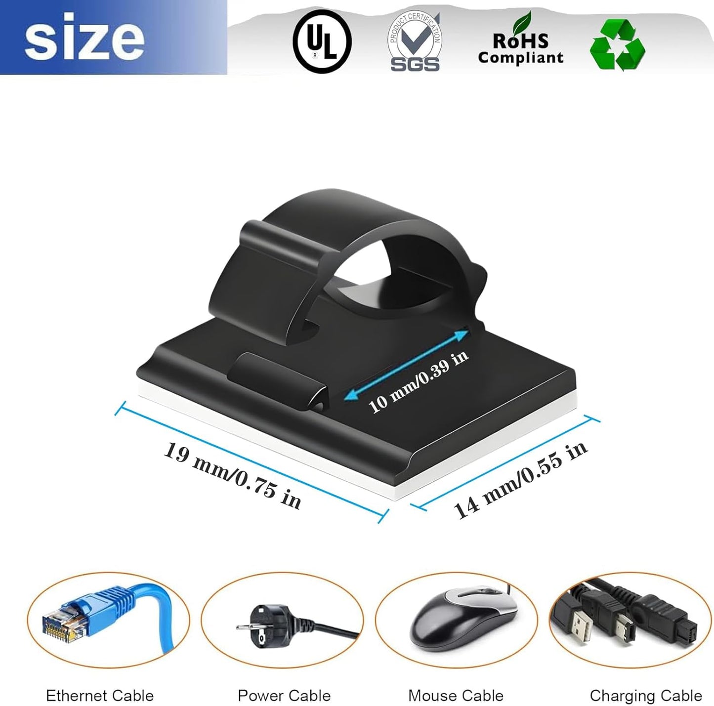 Adhesive Cable Holder Management Wire Clips 50 Pcs Black，Suitable for Cables with a Diameter of ≤ 6mm in Cars, Houses, and Offices