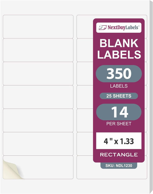 NextDayLabels – 4" x 1-1/3" Rectangular Sticker Labels for Printer - White Laser/Inkjet Printer Labels Return Address Labels Shipping Label Stickers (25 Sheets, 14 Per Sheet, 350 Labels)