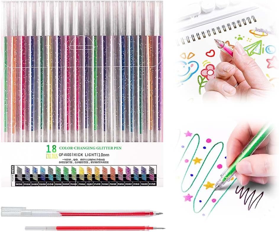 Glitter Gel Ink Pens, 2025 New Sparkle Metallic Dual Tone Iridescent Gel Pen Set for Coloring, with Replacement Pen Core, Paint Markers Sparkly Pens for Kids Adult Office Back to School Supplies (18)