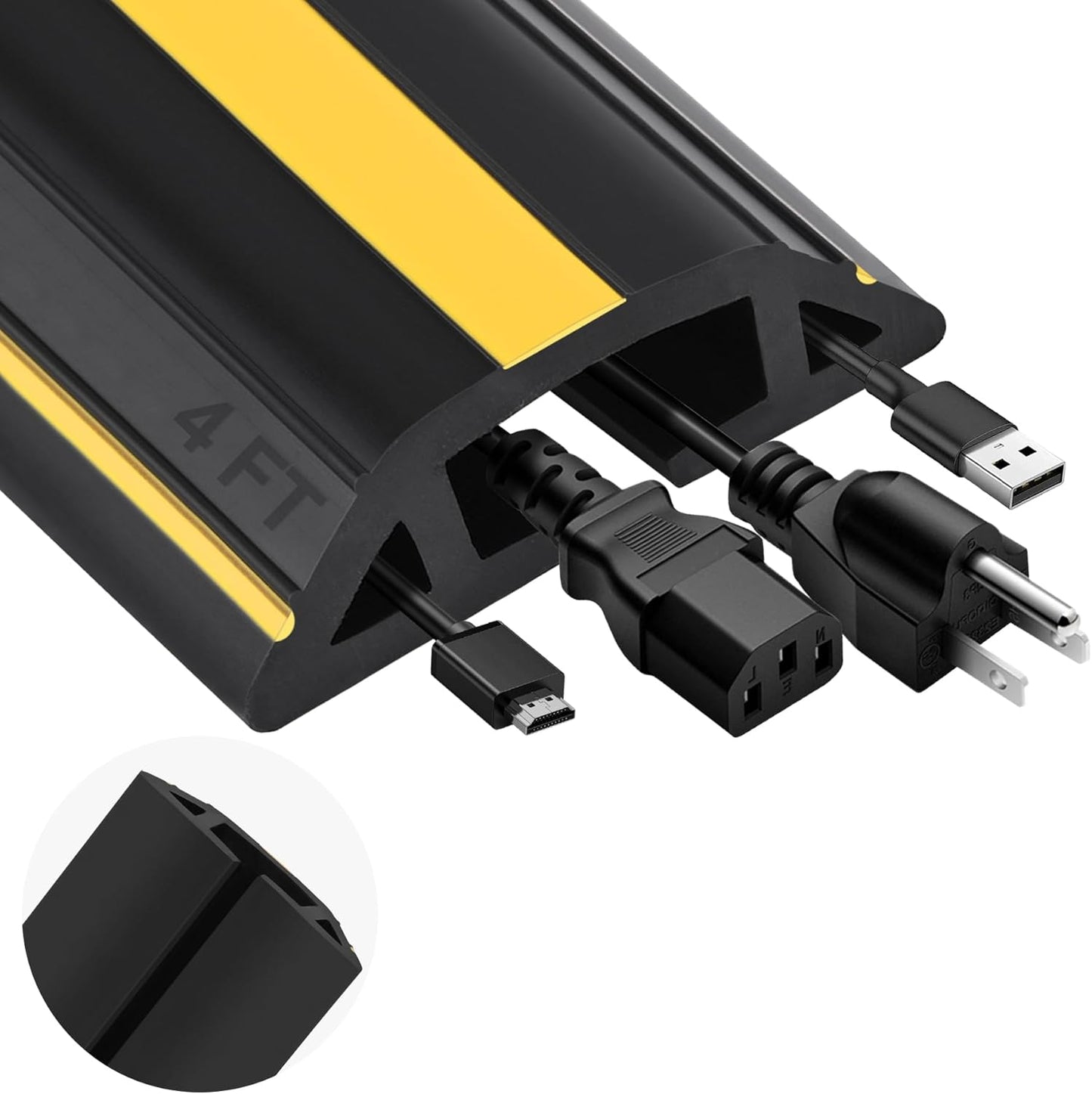 MYFAMIREA 4FT Floor Cord Cover Heavy Duty Cable Cover Protector with 3 Channels Extension PVC Floor Wire Cover Outdoor Cord Hider Management Cord Cover for Wire on Floor for Home Office Outdoor