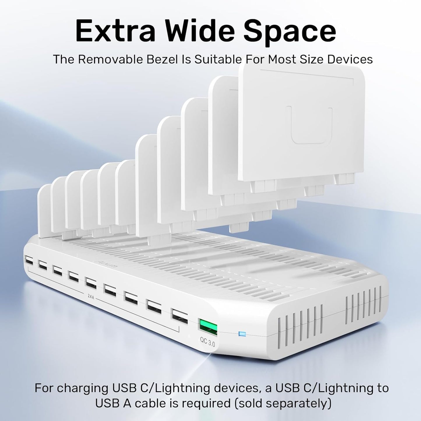 Alxum USB Fast Charging Station with Quick Charge 3.0, 60W 10 Port Charging Stand for Multiple Devices, Compatible with iPad, iPhone, Samsung Galaxy, White