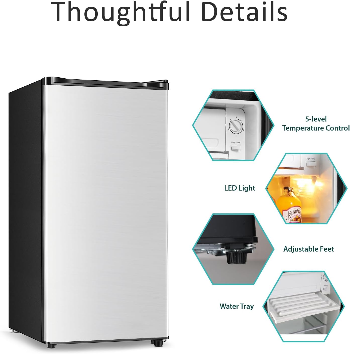 Seaoola Mini Fridge with Freezer, Single Door 3.1 Cu.Ft, Compact Mini Refrigerator, LED Light, Adjustable Thermostat, Removable Glass Shelves, Small Refrigerator for Dorm/Office/Bedroom(Sliver)