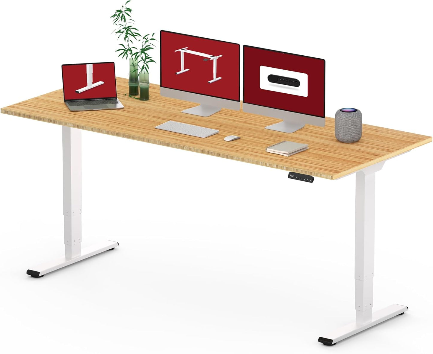 Standing Desk with Dual Motor, 3-Stage Lifting Column, Handset with 3 Preset and Sit-Stand Reminder - 72 inch Whole Piece Real Bamboo/White Frame, Height Adjustable Desk for Home and Office