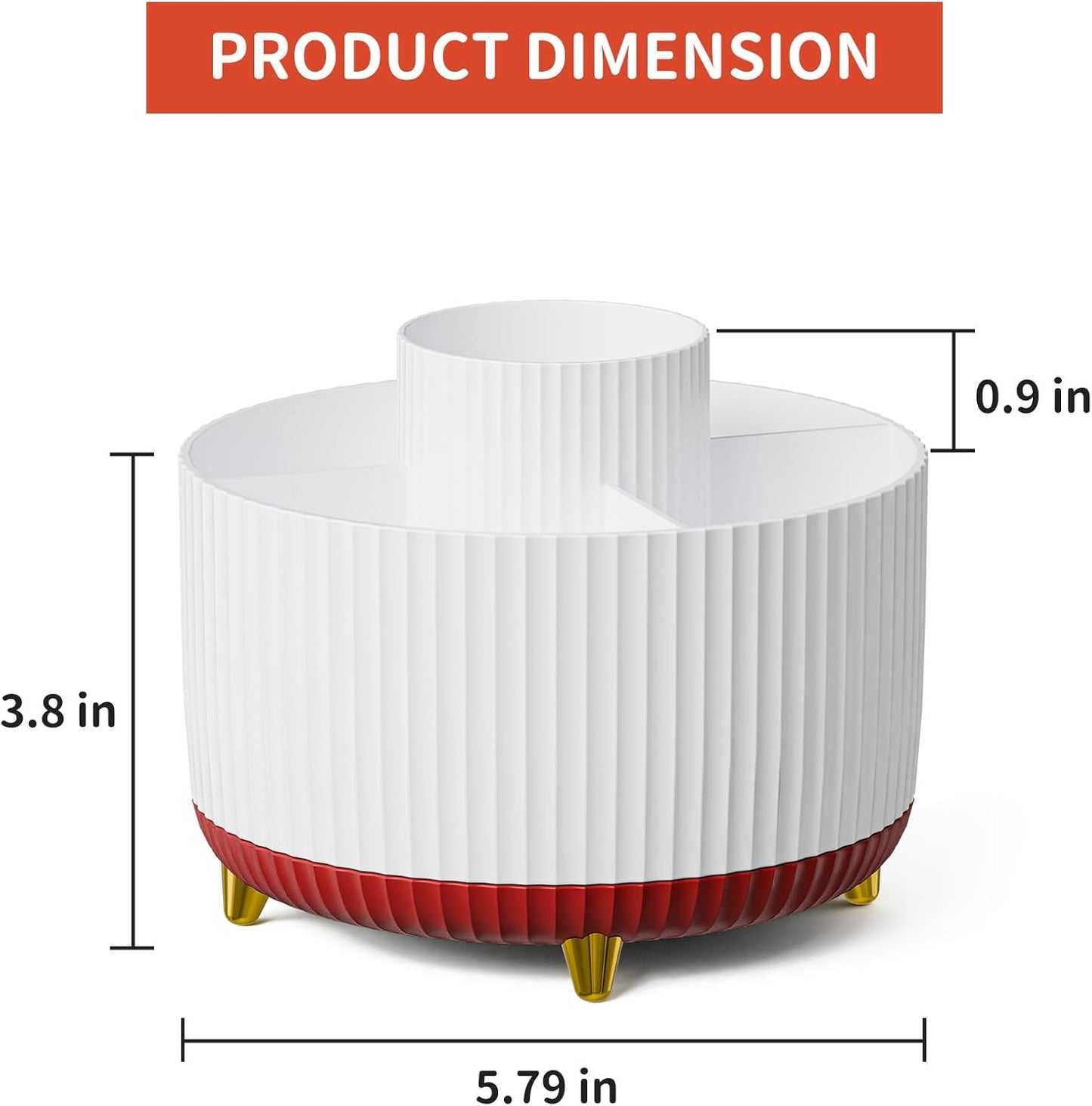 Marbrasse 360-Degree Rotating Pen Holder, Desk Organizer with 5 Compartments, Art Supply Storage Box Caddy for Office, Home (White+Red)