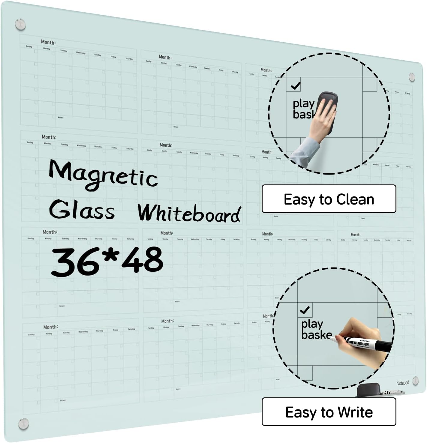 Magnetic Glass Dry Erase Board Calendar- White Board 48 x 36 Inch Wall Mounted Yearly Whiteboard, Large Frameless Glass White Board for Wall Office, Home & School