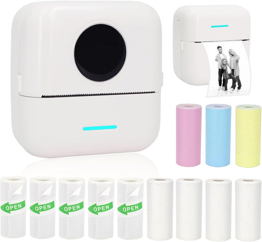 Mini Portable Printer, Inkless Sticker Printer with 12 Rolls Paper, Thermal for Notes/Photos/Stickers/Labels/Receipts, Compatible with iPhone, Android Phone & Tablet, White