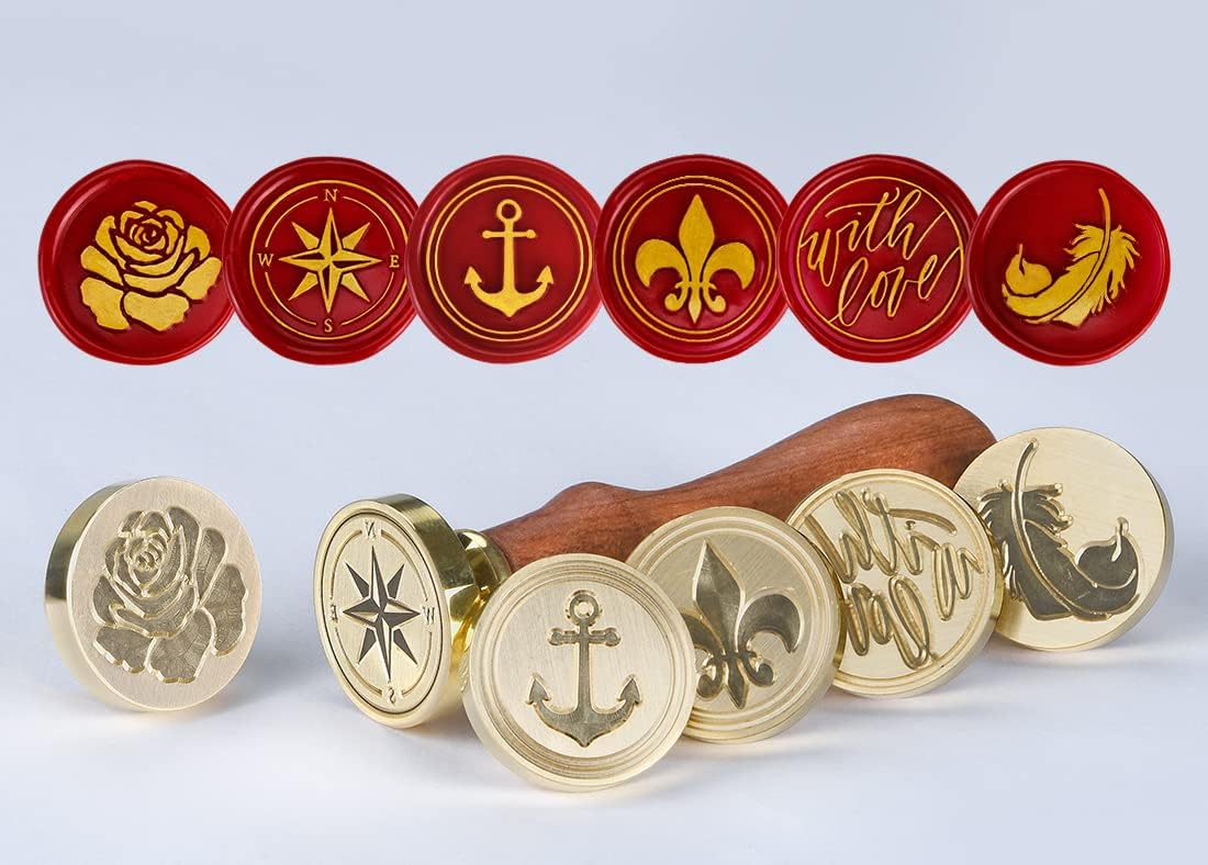 Wax Seal Stamp Kit, 6 pcs Brass Head Wax Stamp & 1 Wooden Handle, 6 Designs (Anchor, Feather, Fleur-de-lis,Compass, with Love, Rose Flower)
