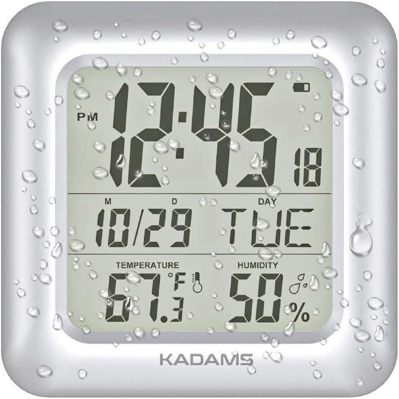 KADAMS Bathroom Clock 9.5" Kitchen Wall Clock with Large LCD Screen – Shower Clock with Suction Cup,Temperature, Humidity, Calendar – Water-Resistant, 4 Mounting Options, Silver