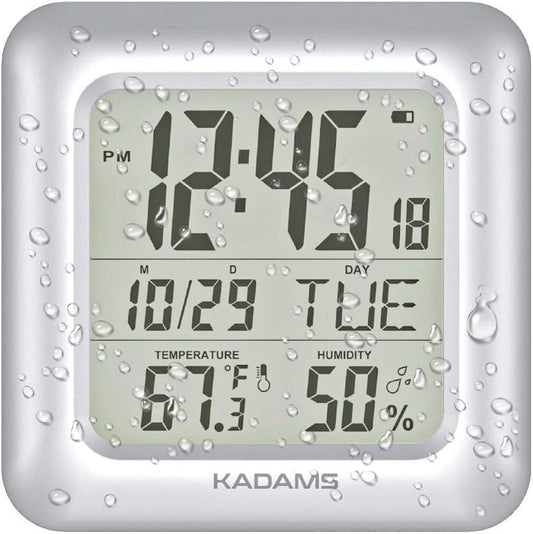 KADAMS Bathroom Clock 9.5" Kitchen Wall Clock with Large LCD Screen – Shower Clock with Suction Cup,Temperature, Humidity, Calendar – Water-Resistant, 4 Mounting Options, Silver