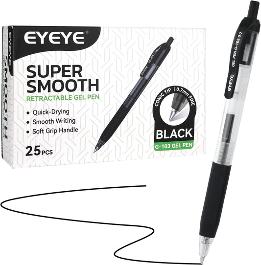 EYEYE G-103 Retractable Gel Pens Black 0.7mm, 25 Pack Medium Point Gel Ink Pens Quick Drying, 0.7 mm Fine Piont Ballpoint Pen Smooth Writing for Office School Supplies