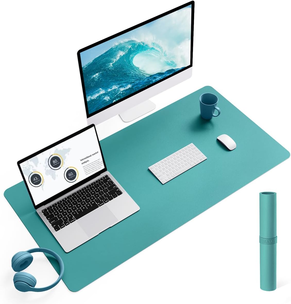 YSAGi Non-Slip Leather Desk Pad L Size, Waterproof Laptop Computer Desk Keyboard Mat, Table Protector Blotter Mat, Large Mouse Pad for Office/Work/Home/Decor(Green Blue, 35.4" x 17")