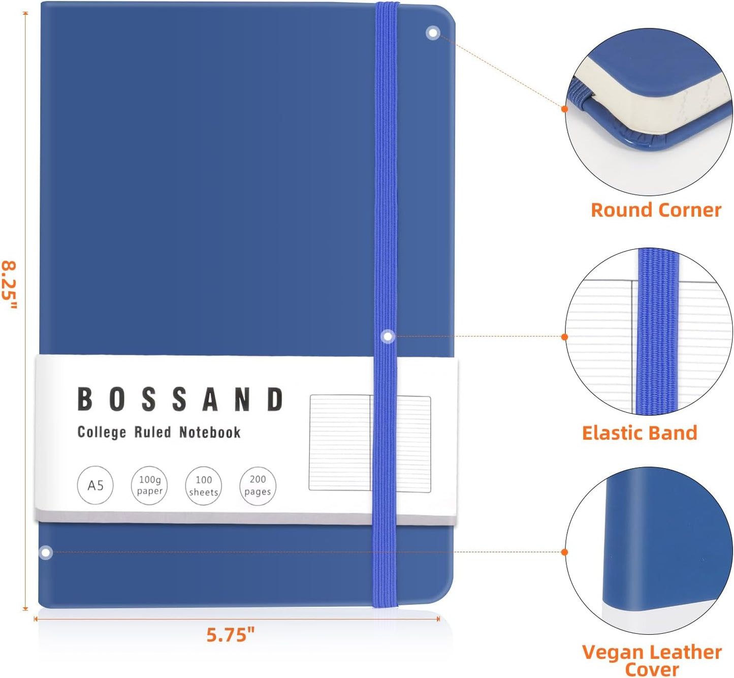 BOSSAND Lined Journal Notebook, A5 Journals for Writing, 200 Pages 100 GSM Thick Classic Ruled Paper, Hardcover, 8.25 inches x 5.75 inches, Navy Blue