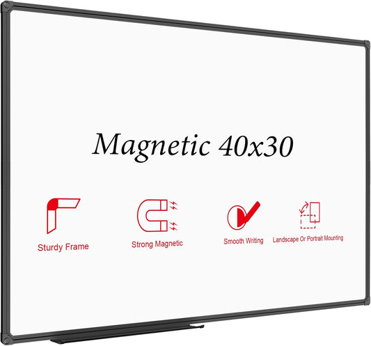 JILoffice Magnetic Whiteboard/White Board, Dry Erase Board 40 x 30 Inch, Black Aluminum Frame Wall Mounted Board for Office Home and School