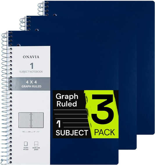 Spiral Notebook for School 3 Pack, 1 Subject, 4x4 Graph Ruled Paper, 100 Sheets, 9" x 11", 1 Divider with Pocket, 3 Hole Punched, Plastic Cover, 1/4" Grid Graphing Note Book Bulk, Prussian Blue