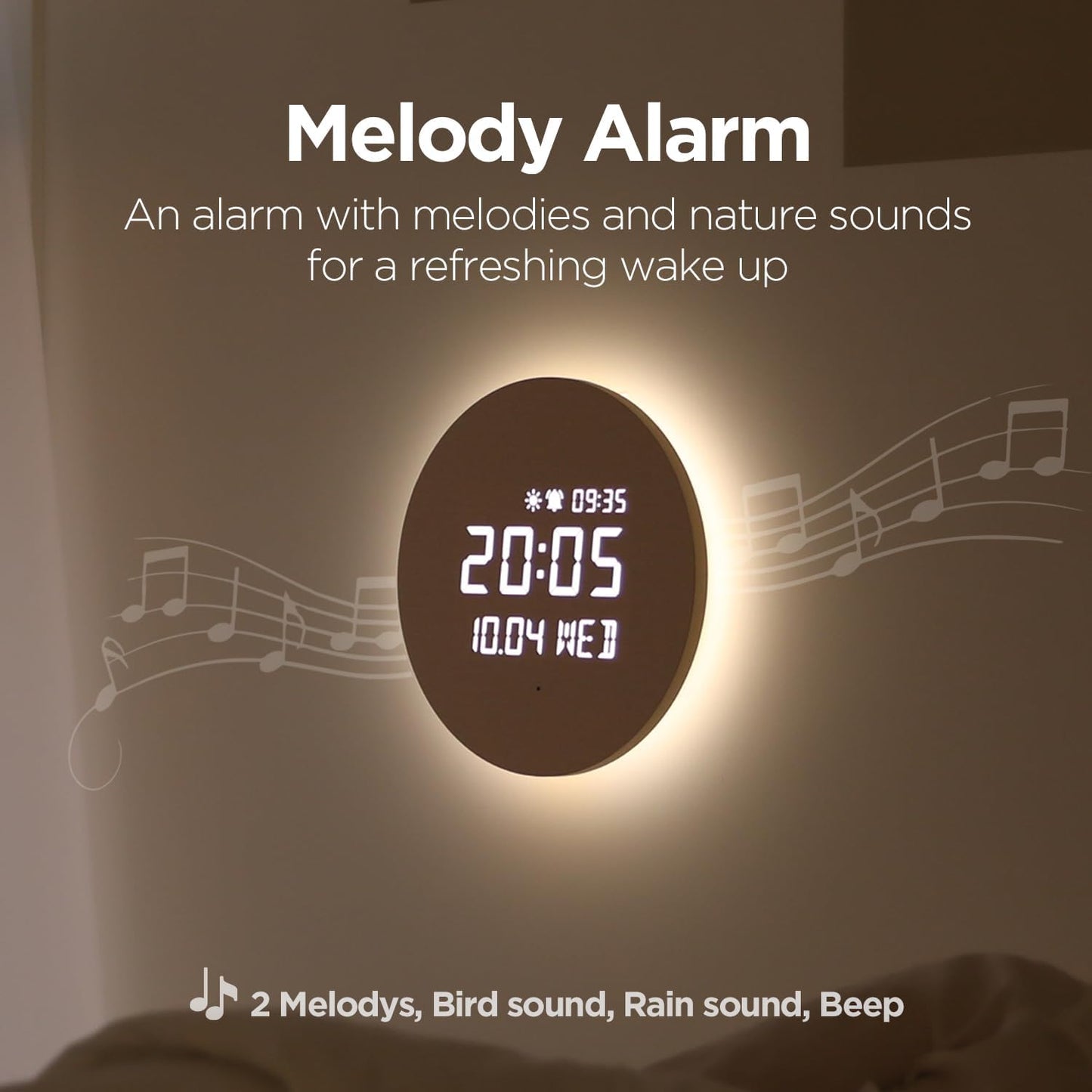 mooas Full Moon LED Silent Wooden Digital Wall Clock with Remote Control, Backlight Nightlight Digital Wood Wall Clock, Sunrise Alarm Melody, 5 Level Brightness Modern Decorative Office Livingroom