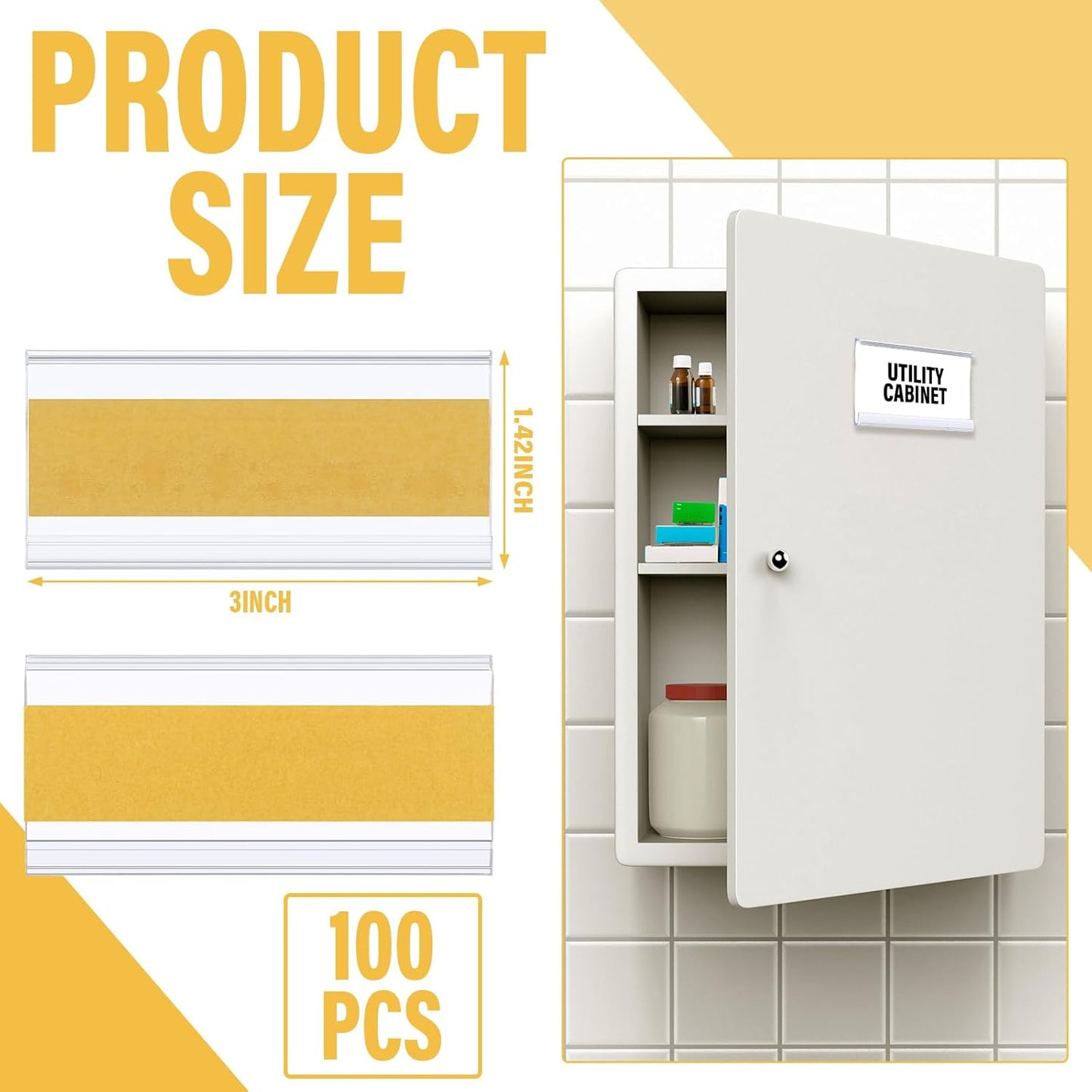 Kathfly 100 Pcs 3 x 1. 4 Inch Self Adhesive Label Holders Nameplate, Clear Shelf Label Holders Plastic Name Price Tag Strip Door Plates for Supermarket Retail Store Home Office Desk Storage Bins