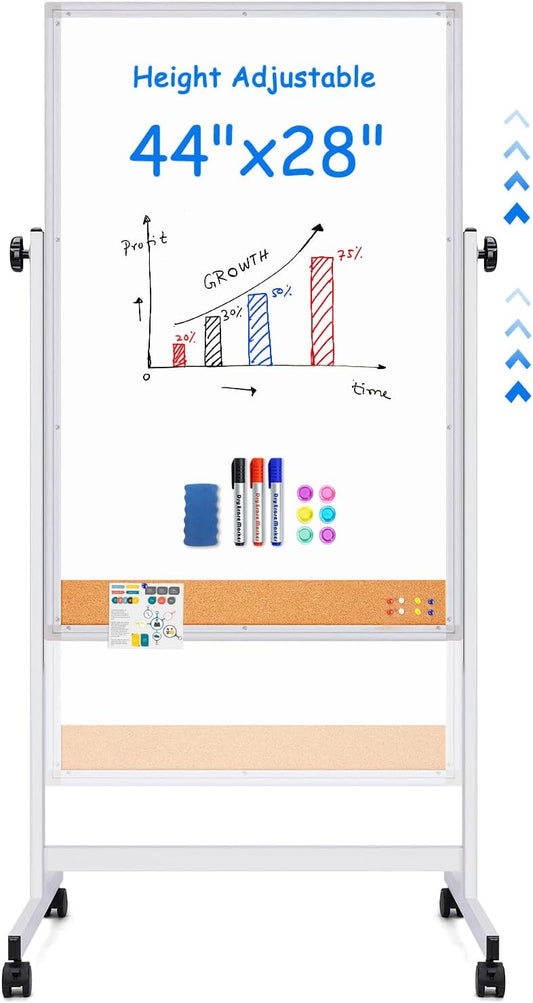 maxtek Rolling White Board, 44x28 Inches Magnetic Cork Board Combo, Portable Double-Sided Dry Erase Board on Wheels, Height Adjutable Easel Board for Home, School, Office