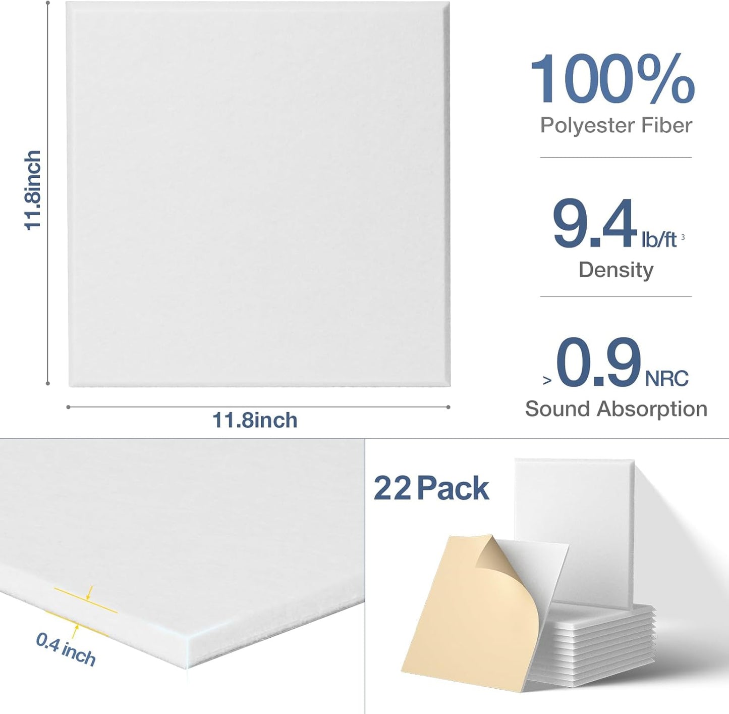 22 Pack Self-Adhesive Acoustic Panels, 12" X 12" X 0.4" High-Density Sound Proof Foam Panels for Walls, Soundproof Wall Panels for Home & Office (white)