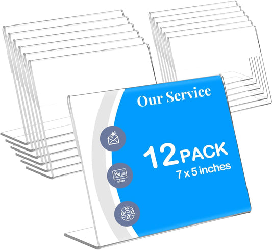12 Pieces Acrylic Sign Display Holder 7x5 Clear Document Display Holder Horizontal Acrylic Paper Holder Clear Plastic Display Frames Paper Display Table Stand for Office Store Restaurant Photo Display