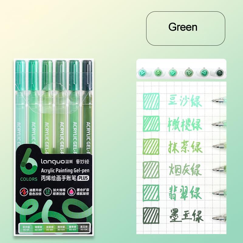 Acrylic Gel Pens for Coloring Books, Quick Dry 6 Pcs 1.0mm Fine Point Gel Marker Pen for Drawing, Journaling Art, School Supplies, Green