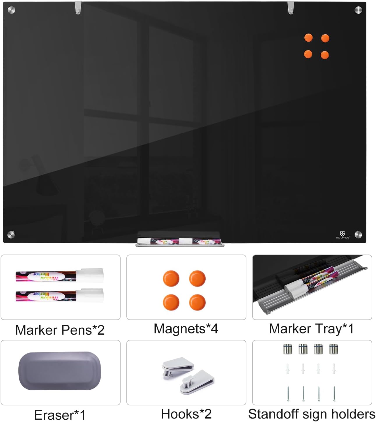 TSJ OFFICE Glass Dry-Erase Board - 36 x 24 Inches Wall Mounted Black Glass Magnetic Whiteboard, Frameless Large White Board for Office, Home & School