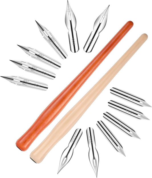 14 Pcs Calligraphy Nibs Dip Pen Nibs Holders with Comic Wooden Drawing Pens Holder with Stainless Steel Nib, Oblique Calligraphy Dip Pens Set Fluid Writer Pen for Writing, Painting, Signing, Sketch