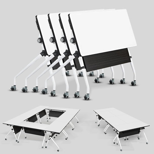 Conference Table, Folding Conference Room Tables, Mobile Training Tables with Silent Wheels, Large Rectangular Modular Seminar Table Office Computer Desks for Classroom White (4Pack L63in)