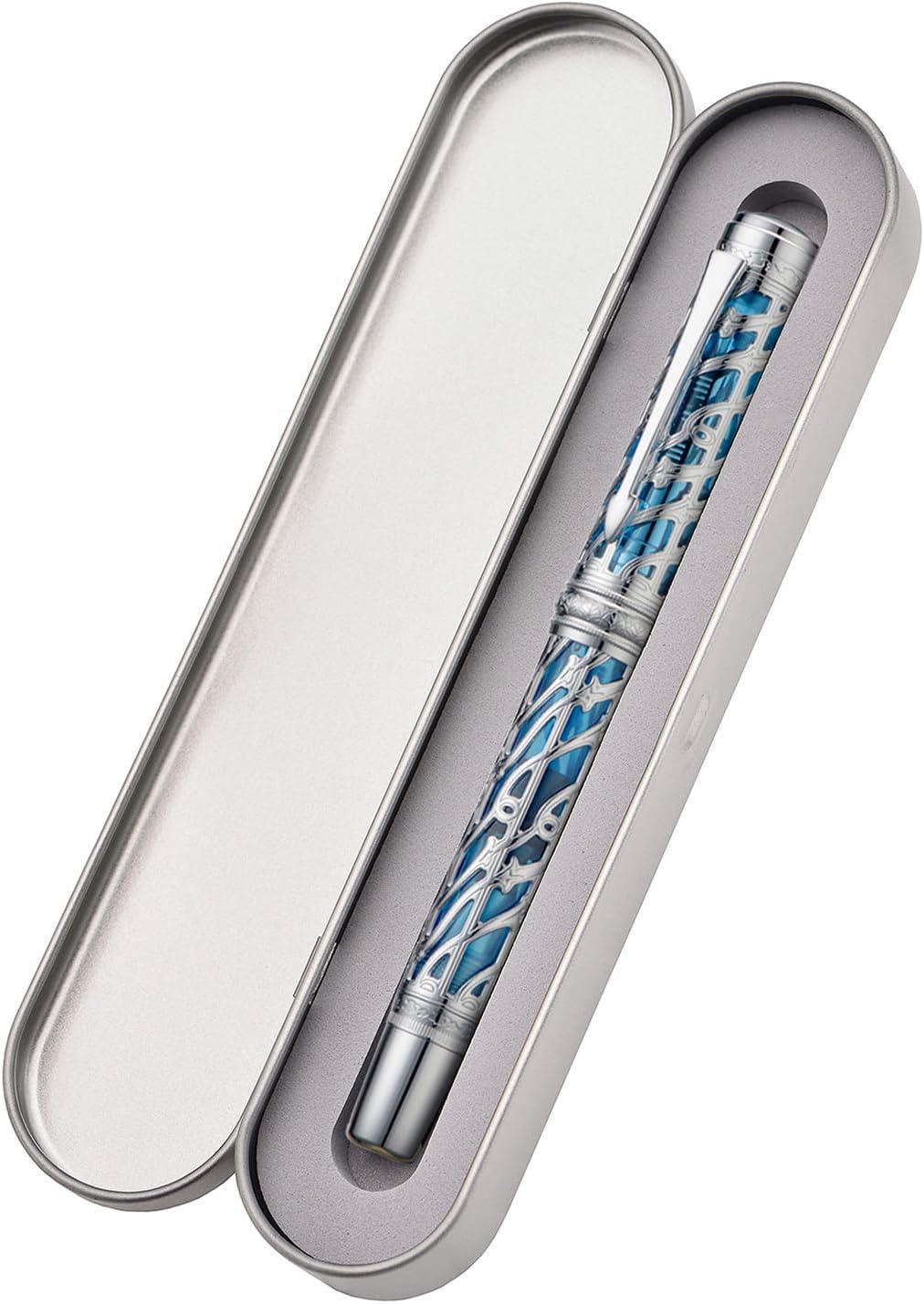 Hongdian A6 Piston Fountain Pen Fine Soft Nib, Silver Blue Hollow Skeleton & Resin Pen with Metal Case Set