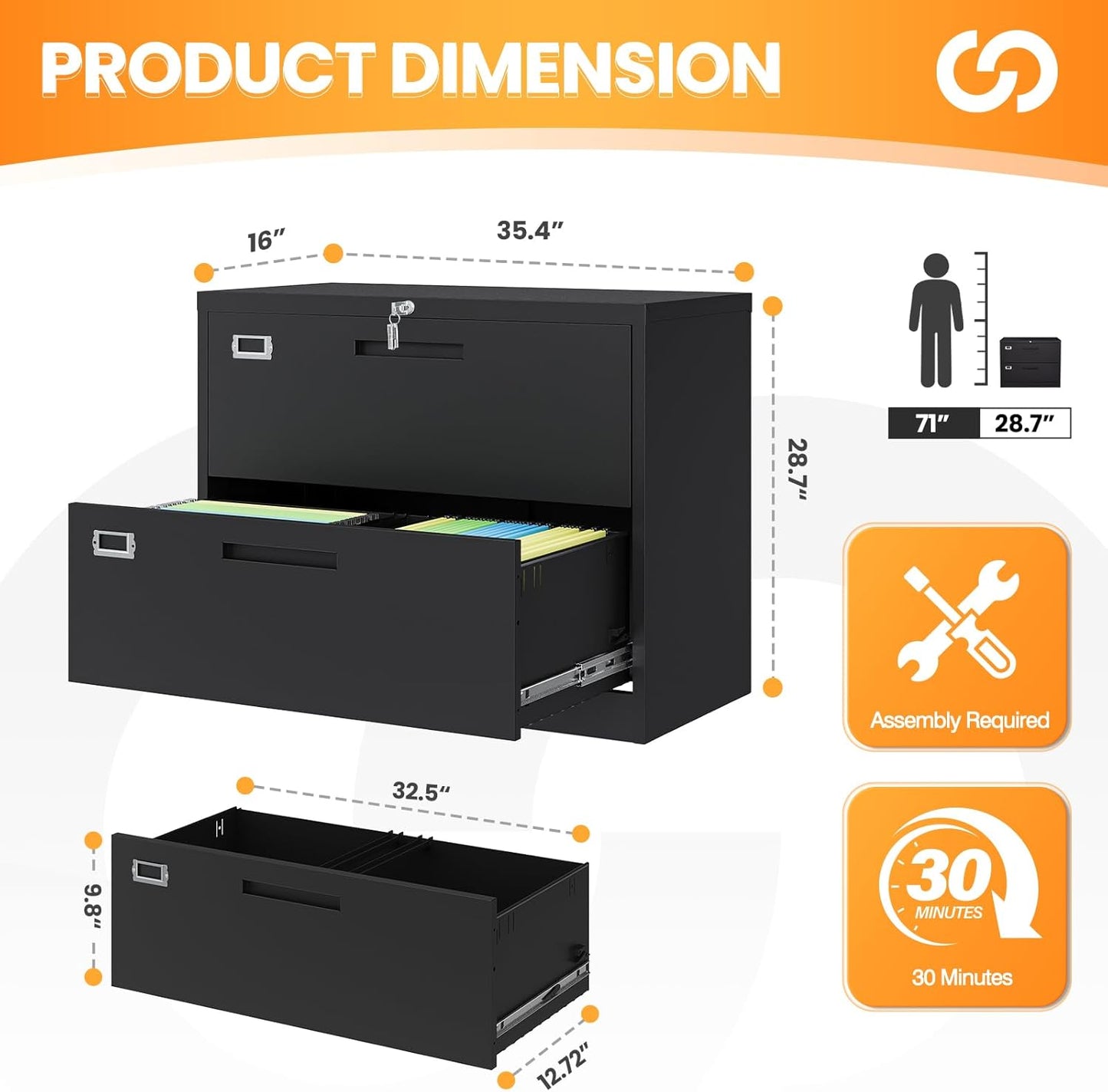 2 Drawer File Cabinets for Home Office, Metal Filing Cabinet with Lock, Black Locking File Caninet Two Drawer, Office Storage Caninets Steel Cabnet for Letter/Legal/A4/F4-Assembly Required