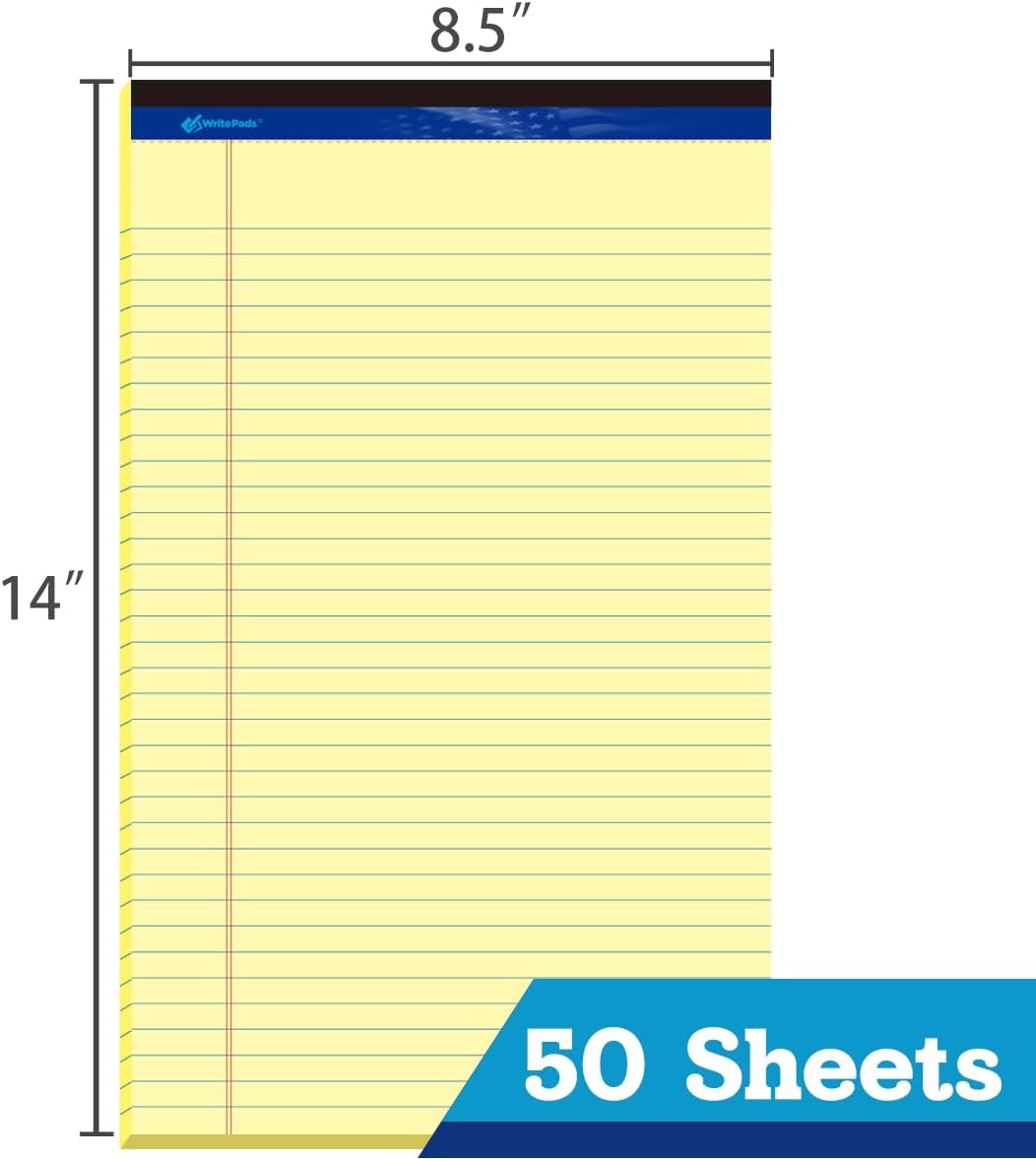 Legal Pad 8.5"x14" Note Pad,Wide Ruled Writing Pad,Canary Paper,6 Pack,50 Sheets Per Pad,Micro perforated Notepad,Made in the USA
