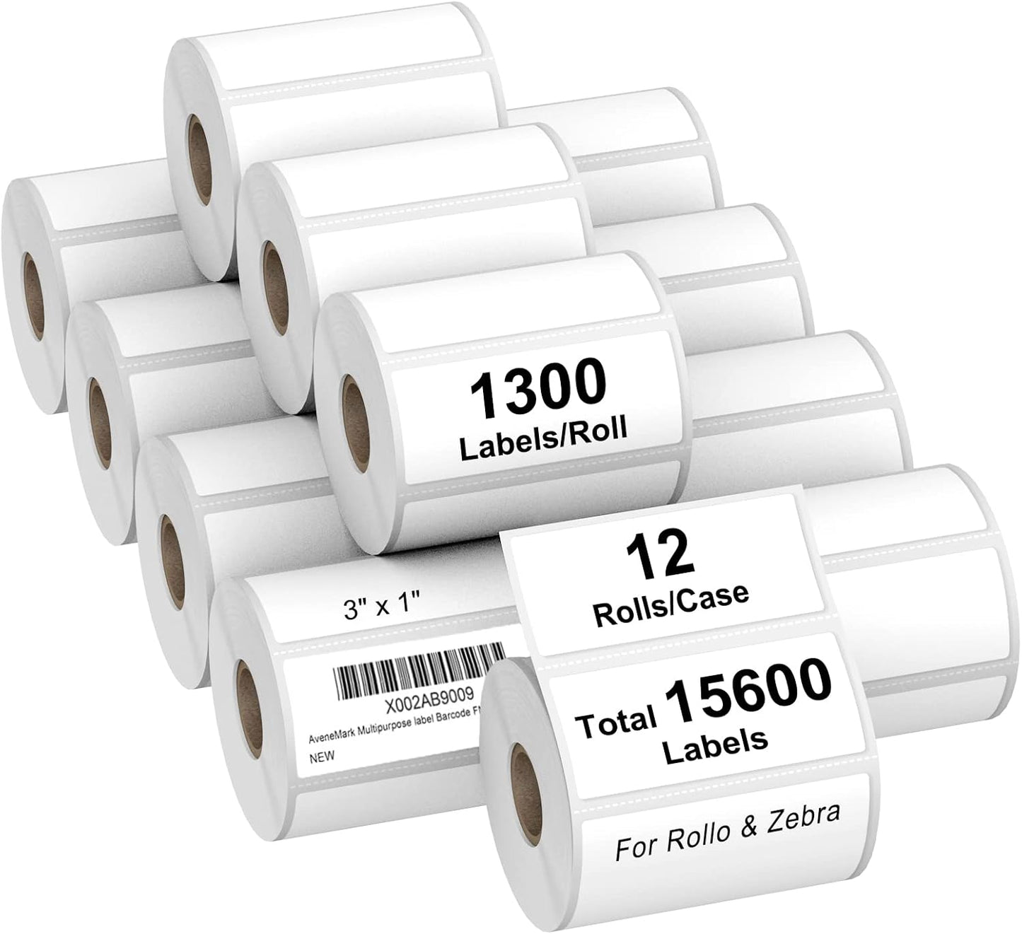 AveneMark 12 Rolls 3" x 1" Direct Thermal Labels for Barcodes Postage Address Shipping Labels Compatible with Rollo & Zebra Desktop Printers Adhesive - 1300Pcs/Roll