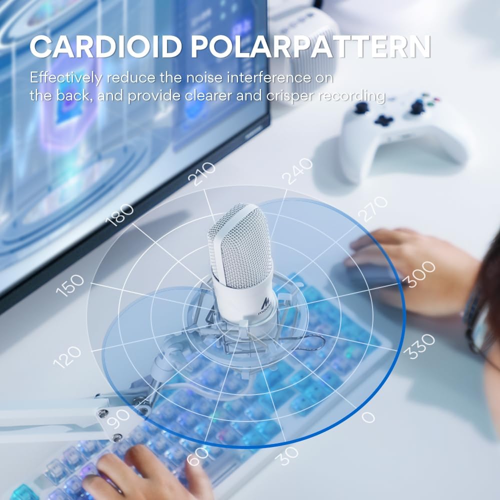 MAONO USB Microphone, 192kHz/24bit Plug & Play PC Computer Podcast Condenser Cardioid Metal Mic Kit with Professional Sound Chipset for Recording, Gaming, Singing, YouTube, AU-A04 White