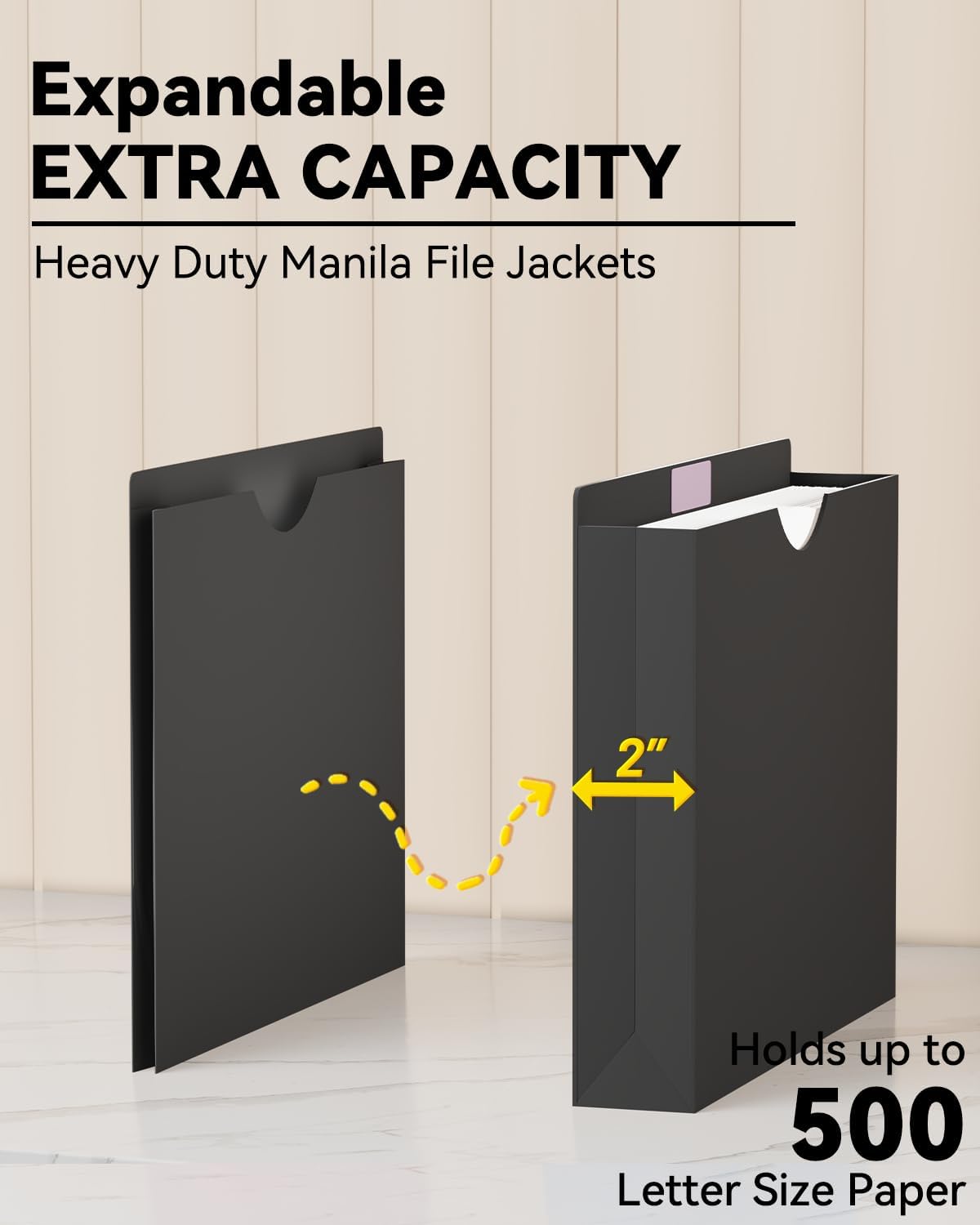ANSOOK 2 Inch Plastic File Jackets, Manila File Folders Letter Size, Heavy Duty Expanding File Folders, Expansion Pocket, Reinforced Straight Cut Tab, 12 Pack, Black Folders for Office School Home