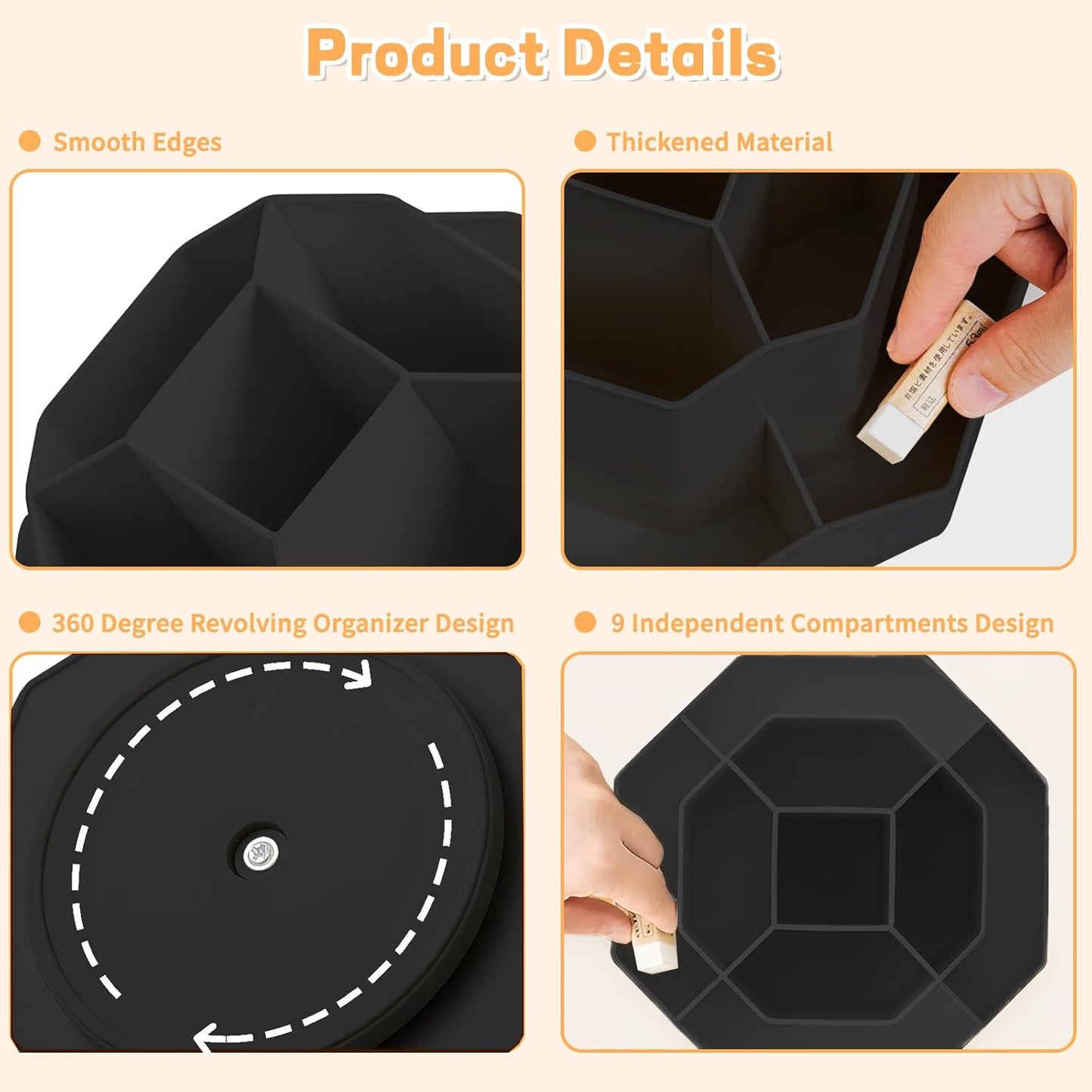 Pencil Pen Holder for Desk,9 Slots 360 Degree Rotating Desk Organizers,Desktop Storage Stationery Supplies Organizer, Cute Pencil Cup Pot For Office, School, Home(Black)