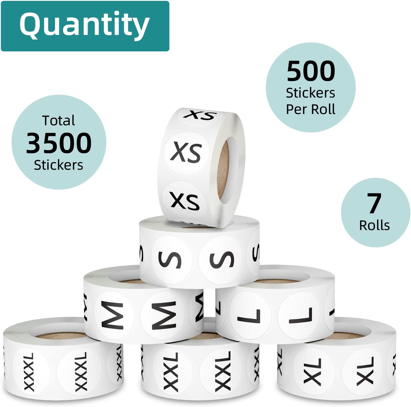 3500 Pcs 7 Sizes 7/8 Inch Clothing Size Stickers Labels Rolls, Labelchoice Black Round Self Adhesive Apparel Size Labels Stickers for Clothing T Shirts Trousers Skirt Retail (XS,S,M,L,XL,XXL,XXXL)