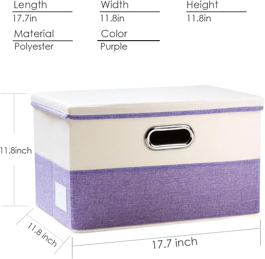 PRANDOM Large Foldable Storage Bins with Lids [3-Pack] linen Fabric Decorative Storage Boxes Organizer Containers Baskets Cube with Handles Divider for Bedroom Closet Purple&Cream(17.7x11.8x11.8)